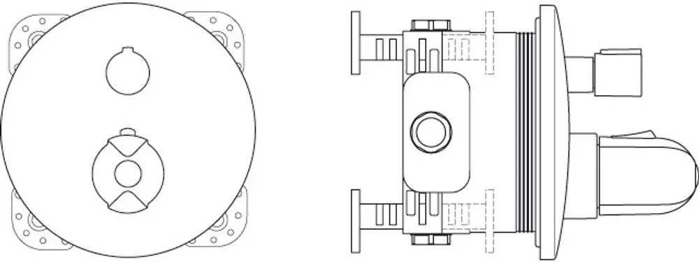 Idealer Thermostat mit runder Abdeckung, sichtbarem Regler und Montageelementen, geeignet für Anwendungen von Ideal Standard. Oben und seitlich ist das Produkt klar strukturiert.